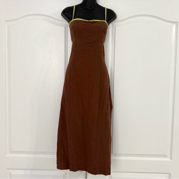 Maeve Anthropologie Dafni Cutout Linen Midi Dress Brown/Lime Green L - Picture 5 of 10